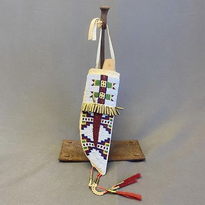 Fully beaded knife sheath with steel knife. Beadwork by David Brush, Lakota Overall length 21" -. 