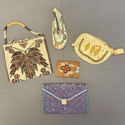 Group of 5 Native American Beaded Leather Items Item 1: 4" high x 7 1/2" wide, including strap, Item