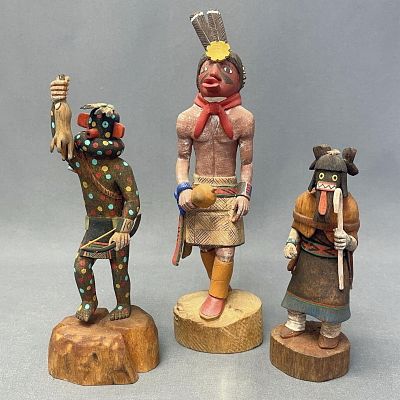 3 Hopi Kachina dolls - handcarved & signed 1. 7" tall, 2. 10 1/2" tall, 3. 8 1/2 tall. 3 Hopi 