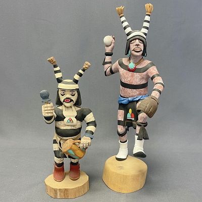 2 Hopi carved clowns - A. L. Sahmie & Elva Honahni 1. 14 1/2" tall Base: 4" diameter (approx.), 2. 
