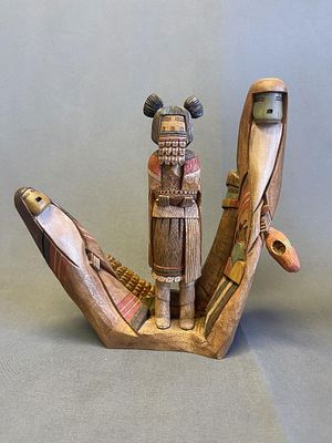 "Morning Prayer" Kachina carving of three Manas by Ted Francis, Hopi 8" tall at tallest x 9" wide. 