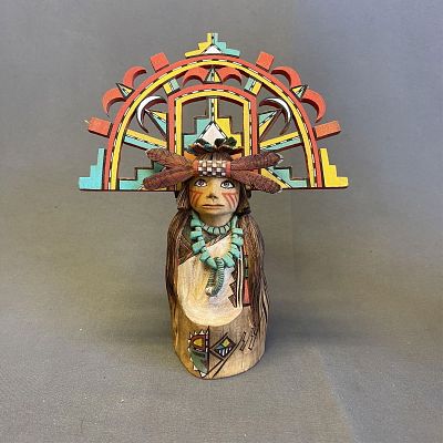 Pahlik Mana (Corn Grinding Girl), carved and painted Hopi doll, 5 1/2 high x 6 1/2" wide at widest. 