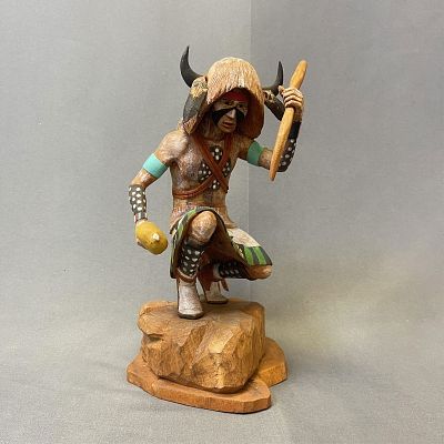 White Buffalo Warrior hand carved by Raymond Chee Navajo/Hopi carver 11" high x 7" wide at widest. 