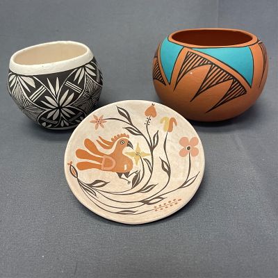 3 unique handmade Acoma pots - vintage 1. 4" diameter, 2. 3 1/2" high x 4 3/4" diameter, 3. 3" high