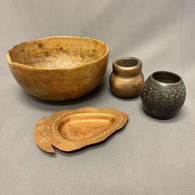 Group of 4 Native American Decorative Items Item 1: 7 1/2" diameter x 3 1/2" high, Item 2: 2 3/4". 