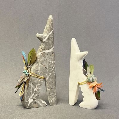 Group of 2 Marble Wolf Fetishes by Andy Abeita, Isleta Pueblo Item 1: 7 1/4" high x 3/4" wide x 2. 