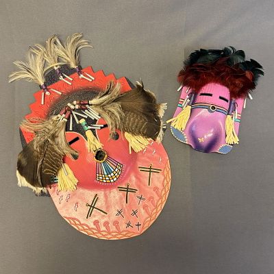 Group of 2 Peter Ray James Clay Spirit Masks Item 1: 15 1/2" long x 12" wide x 3 1/2" high, Item 2: