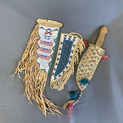 3 Native American leather and beaded knife sheaths - one with knife 1. 22" long overall - beaded. 