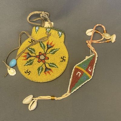 2 Plains beaded items - 2-sided bag and an Umbilical Fetish 1. 5" long x 4 1/2" wide, 2. Beaded. 