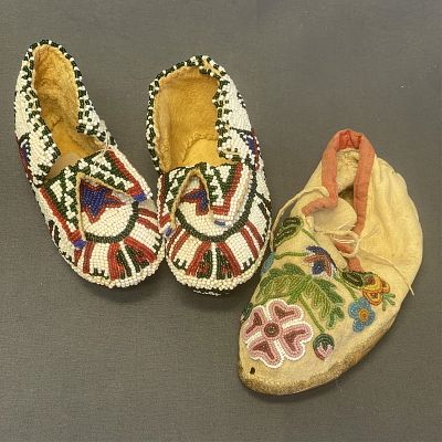 Infant moccasin - pair and one single child's moccasin - beaded. 1. Approximately 4 3/4? long x 2. 