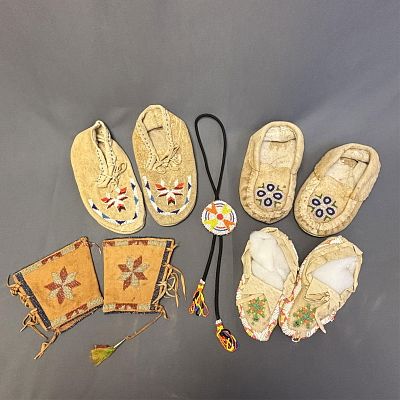 Group of 5 Native American Beaded Leather Items Item 1: 9 3/4" long x 5" wide x 3" high, Item 2: 9"