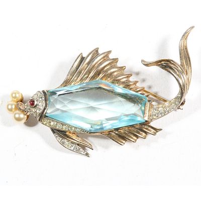 Trifari Alfred Philippe sterling vermeil aqua jewel belly fish brooch with faux pearl bubbles. 