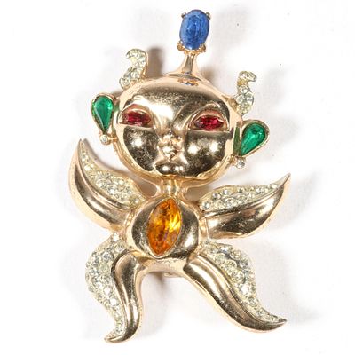 Coro / CoroCraft Adolph Katz Book Piece sterling vermeil "Pixie" jeweled brooch. 2 1/4"H x 1 1/2"W. 
