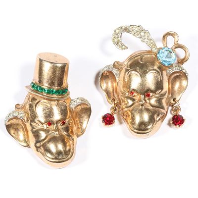 Bates & Bacon Retro man and lady monkey brooches with rhinestone crystal accents. 1 3/4"H x 1 