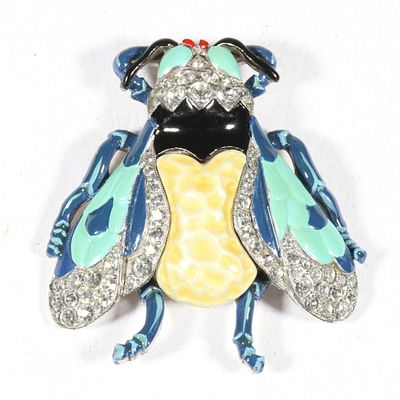 Trifari Alfred Philippe "Pearl Belly Fly" brooch decorated with enamel and rhinestones. 1 3/4"H 