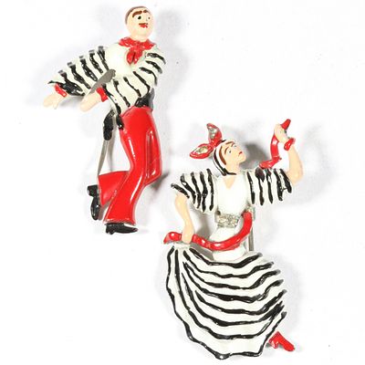 Unsigned 1940's Coro pair of Flamenco dancer enamel fur clips. 2"H x 1 1/4"W. Unsigned 1940's 