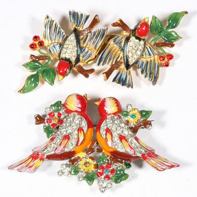 Pair of Coro Duette Bird brooch pins including Adolph Katz Book Piece "Sparrow Duette" Adolph 