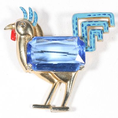 Coro / CoroCraft blue enamel cerulean jewel belly rooster chicken brooch. 2 1/8"H x 2 3/8"W. Coro 