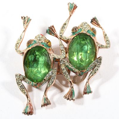 Coro Duette Adolph Katz Book Piece "Frog Duette" sterling vermeil green jewel belly frogs 