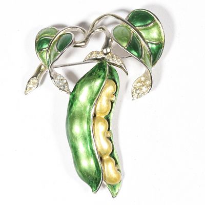 Marcel Boucher MB rhodium plated metallic enamel rhinestone peapod brooch. 2 3/4"H x 2 1/4"W. Mar 