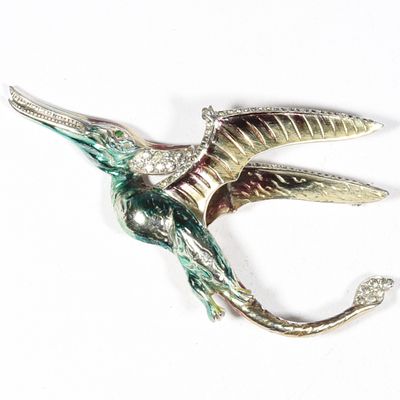 Reja flying pterodactyl dinosaur enamel rhodium plated pave brooch. 2 3/8"H x 3 7/8"W. Reja 