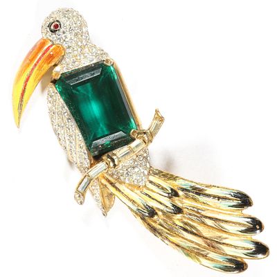 Coro / CoroCraft sterling vermeil "Toucan" large emerald jewel belly brooch with enamel and 