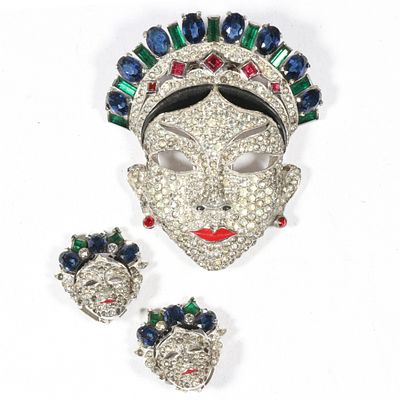 Mazer "Oriental Mask" 1940's retro rhodium plated book piece fur clip and matching earrings 