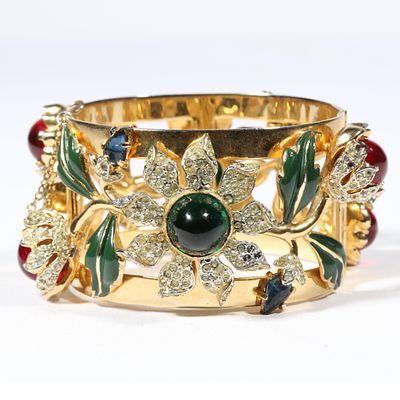 Retro Vendome (Coro) Carmen Miranda Camellia Floral Jewel & Enamel Hinged Cuff Bracelet; multi 