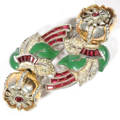 Coro Duette "Quivering Camellia" floral trembler brooch dress clips. 1 5/8"H x 3"W