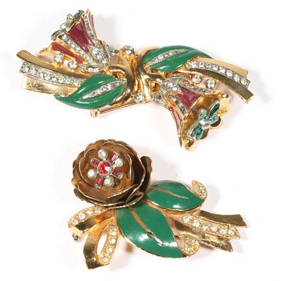 Coro Duette Adolph Katz "Quivering Bell Flowers" enamel rhinestone enamel trembler brooch with 