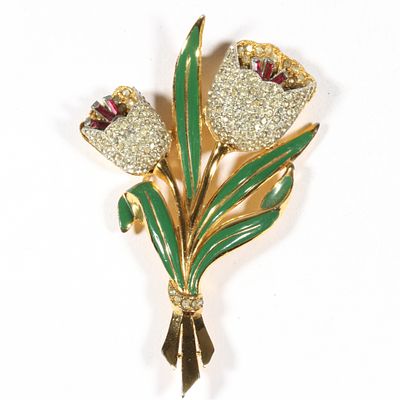 Coro Adolph Katz Retro Book Piece "Tulips" rhinestone crystal enamel double flower trembler 