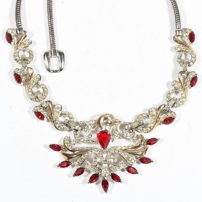 Reja Retro clear and ruby red rhinestone crystal rhodium plated necklace with gold washed 