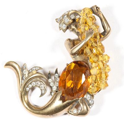 Eisenberg Book Piece iconic 1940's Ruth Kamke designed sterling vermeil mermaid brooch holding 