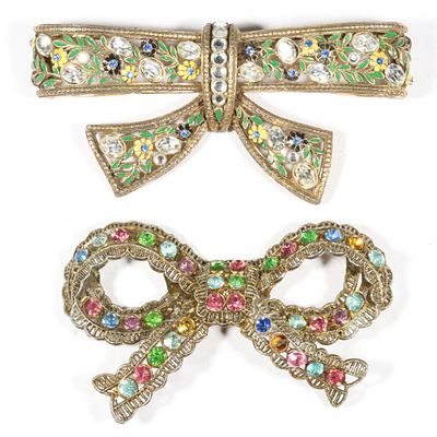 Vintage Retro very large bow brooches with rhinestone crystals and enamel flower accents. 2 