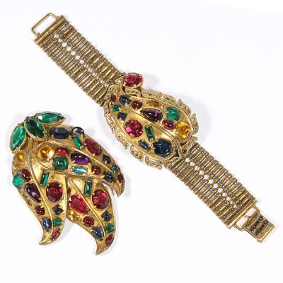 Retro Monet multi colored jeweled bracelet and dress clip 6 1/2"L x 1 1/2"W (bracelet). Retro 