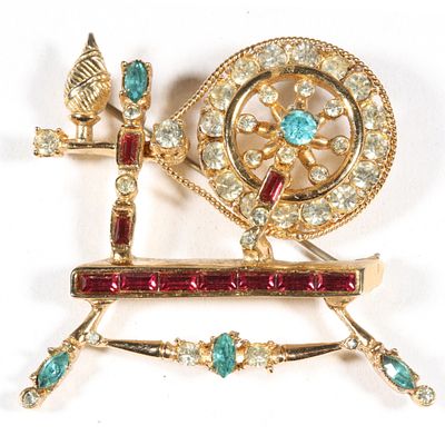 Coro / CoroCraft 1940's Adolph Katz jeweled spinning wheel brooch. 2 1/4"H x 2 1/8"W. Coro / 
