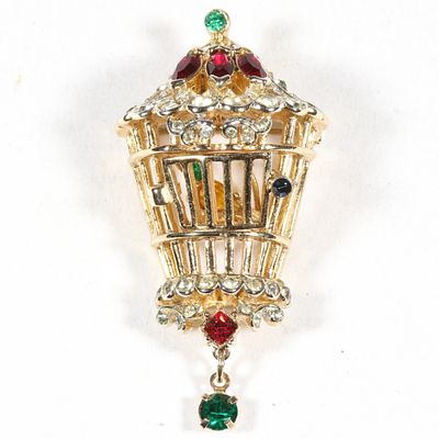 Coro Retro Adolf Katz bird in cage brooch decorated with rhinestone crystals, cage opens to 