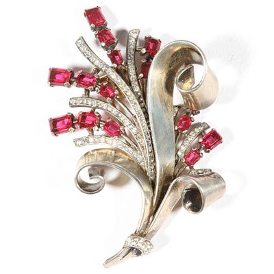 Trifari Alfred Philippe 1940's Retro sterling vermeil cranberry red jewel and pave spray fur 