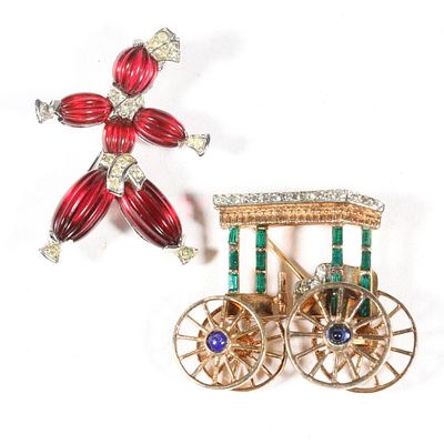 Trifari Alfred Philippe Book Pieces: "Tom-Tom" cranberry red contoured glass cabochon yarn doll 