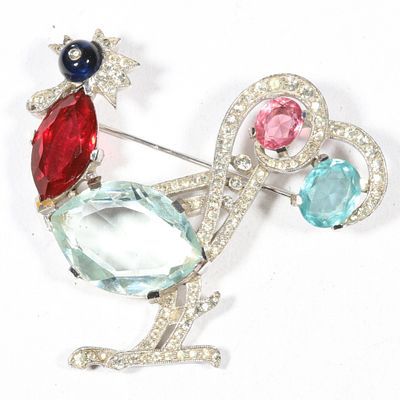 Trifari Alfred Philippe Book Piece "Rooster" rhodium plated jewel belly rhinestone brooch. 2 