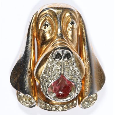 Marcel MB Boucher basset hound or bloodhound dog fur clip with enamel, rhinestone crystals, and 