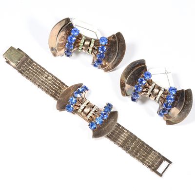 Sceptron Retro sterling vermeil pair of bow brooches and matching bracelet. 6 3/8"L x 1 3/8"W 