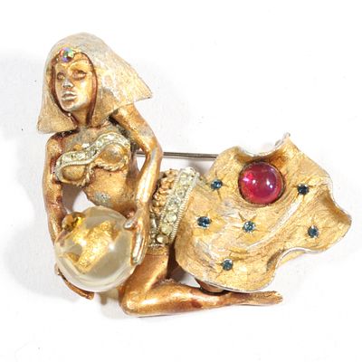 HAR vintage lady fortune teller genie brooch with "crystal" ball with fish and dragon breath 