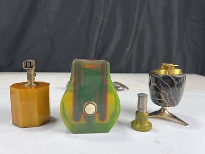 Assortment of 4 table lighters of years gone by, Bakelite, fire machines, electric, fluid,