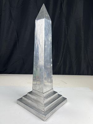 Aluminum obelisk, 2 piece construction, sticker on bottom dated 1948, 20 x 7 1/2 x 7 1/2