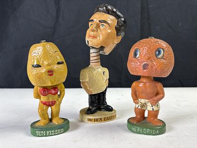 Lot of 3 vintage ceramic bobble head souvenirs, Lemon Lady Sun Kissed and Orange Man In 