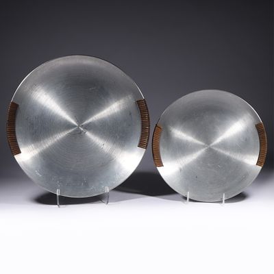 Two Russel Wright Spun Aluminum w/Raffia Handled Trays 14 1/2"Diam. (largest). Two Russel Wright 