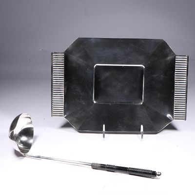 Art Deco Lurelle Guild Machine Age Silver Plated Tray & Bakelite Handled Ladle, 13"W x 