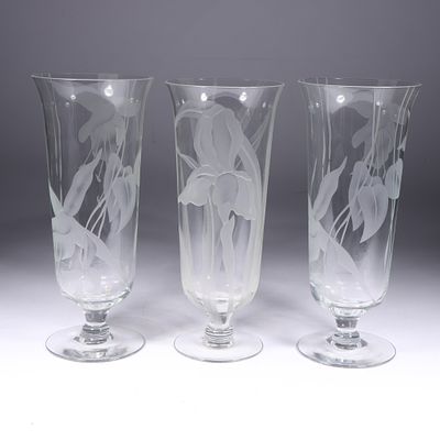 Three Dorothy Thorpe Etched Glass Vases 10"H x 4"Diam. (one). Three Dorothy Thorpe Etched Glass 