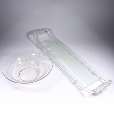 2 pc. Dorothy Thorpe Lucite & Etched Glass Bowl & Tray 7"W x 29 1/2"Long (tray). 2 pc. Dorothy 